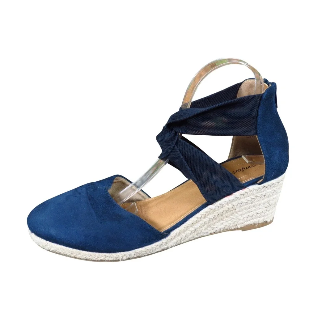 Comfortview Sabine Women Wedge Espadrille Size 11 Wide Dressy Navy Blue Fabric